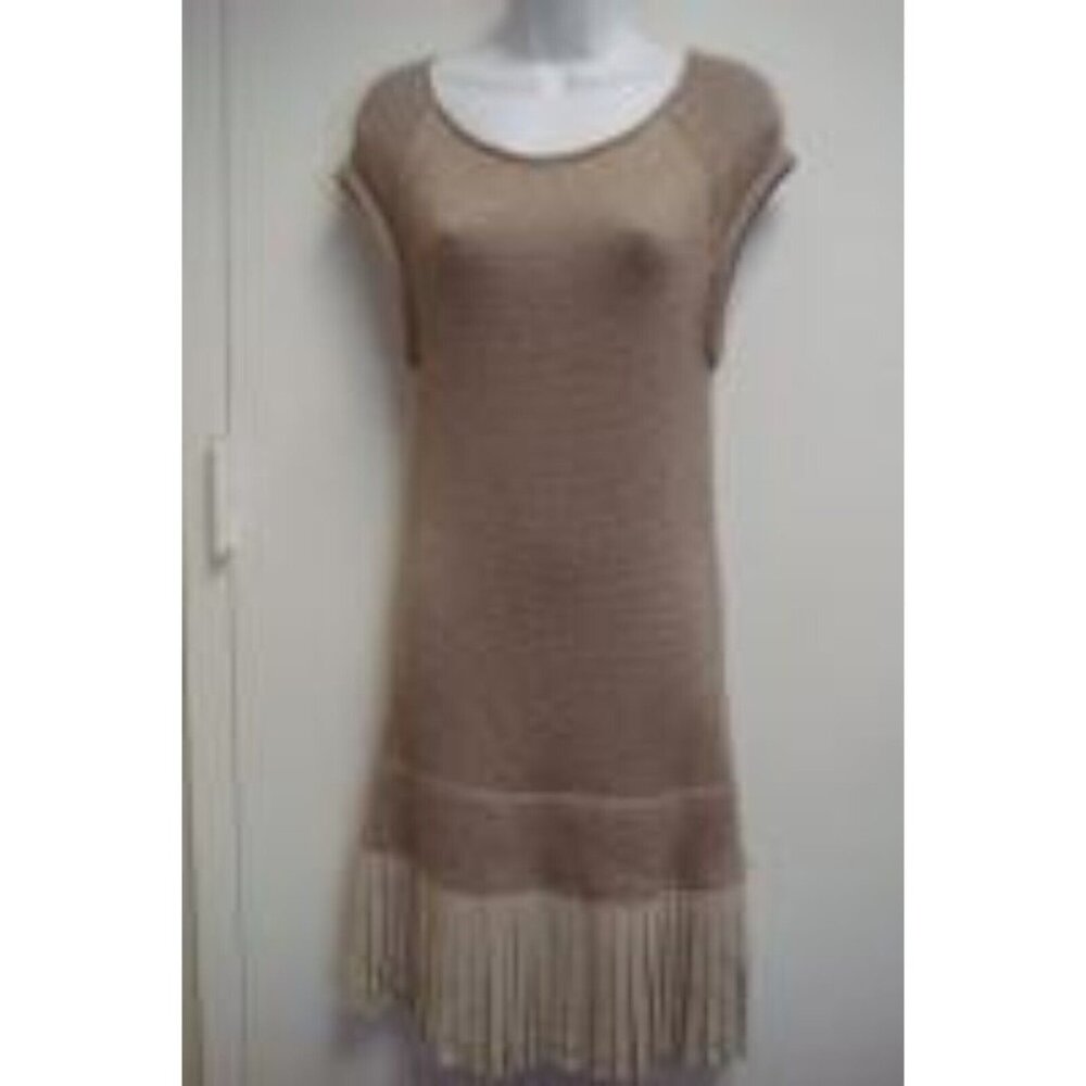Iisli Women's Short Sleeves Pleated Sweater Dress Beige Metallic  Medium  New